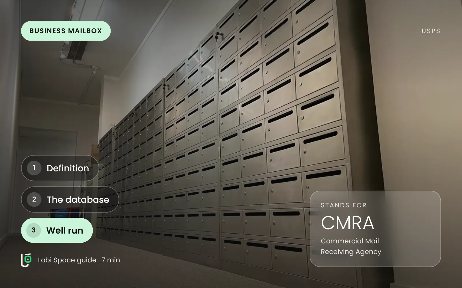 The wall of steel mailboxes at Lobi Space, with the key points: Definition; The database; Well run.