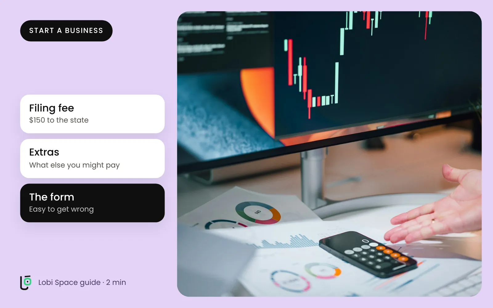 A calculator and reports on a desk, with the key points: Filing fee: $150 to the state; Extras: What else you might pay; The form: Easy to get wrong.