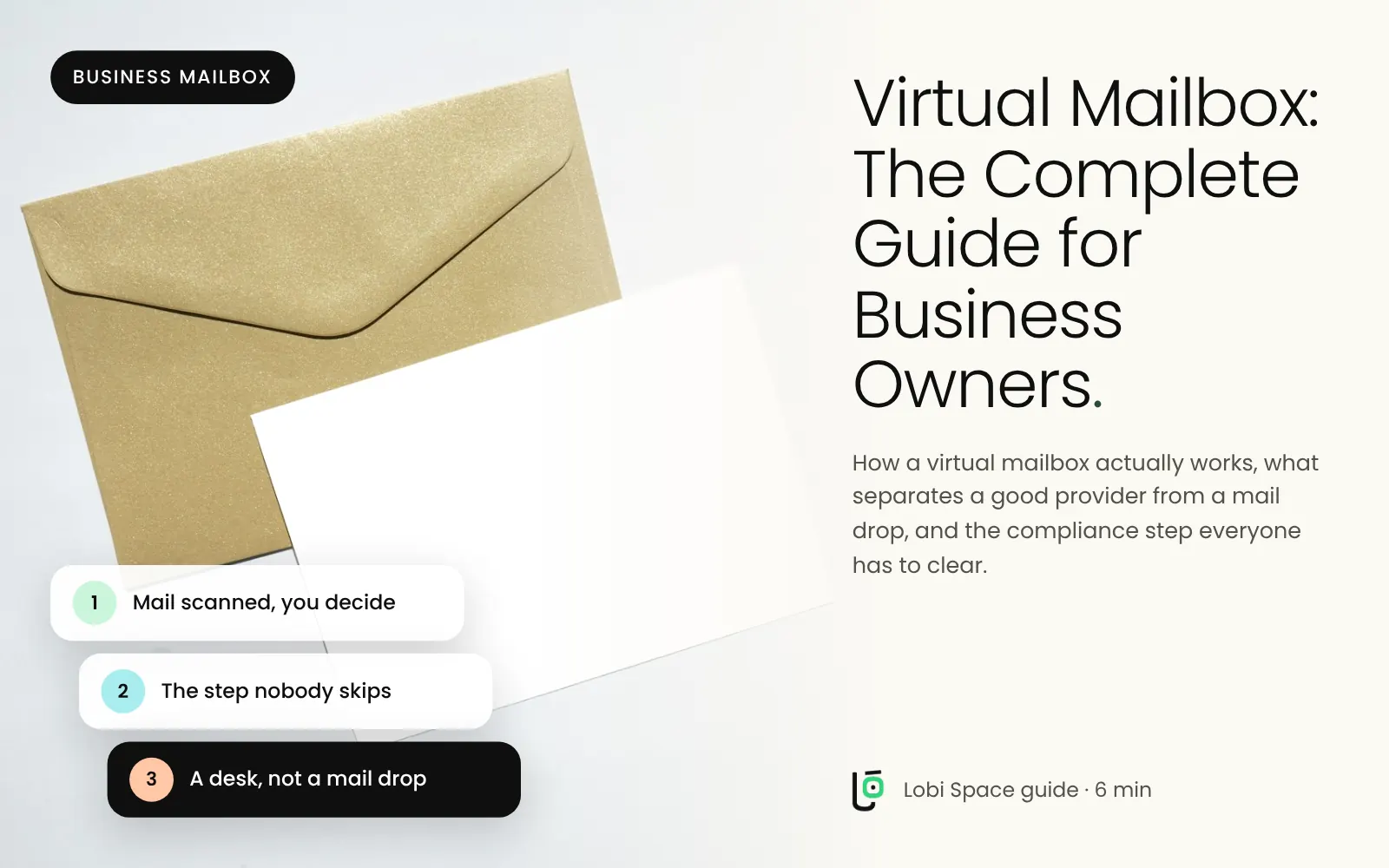A kraft envelope and a letter, with the key points: Mail scanned, you decide; The step nobody skips; A desk, not a mail drop.