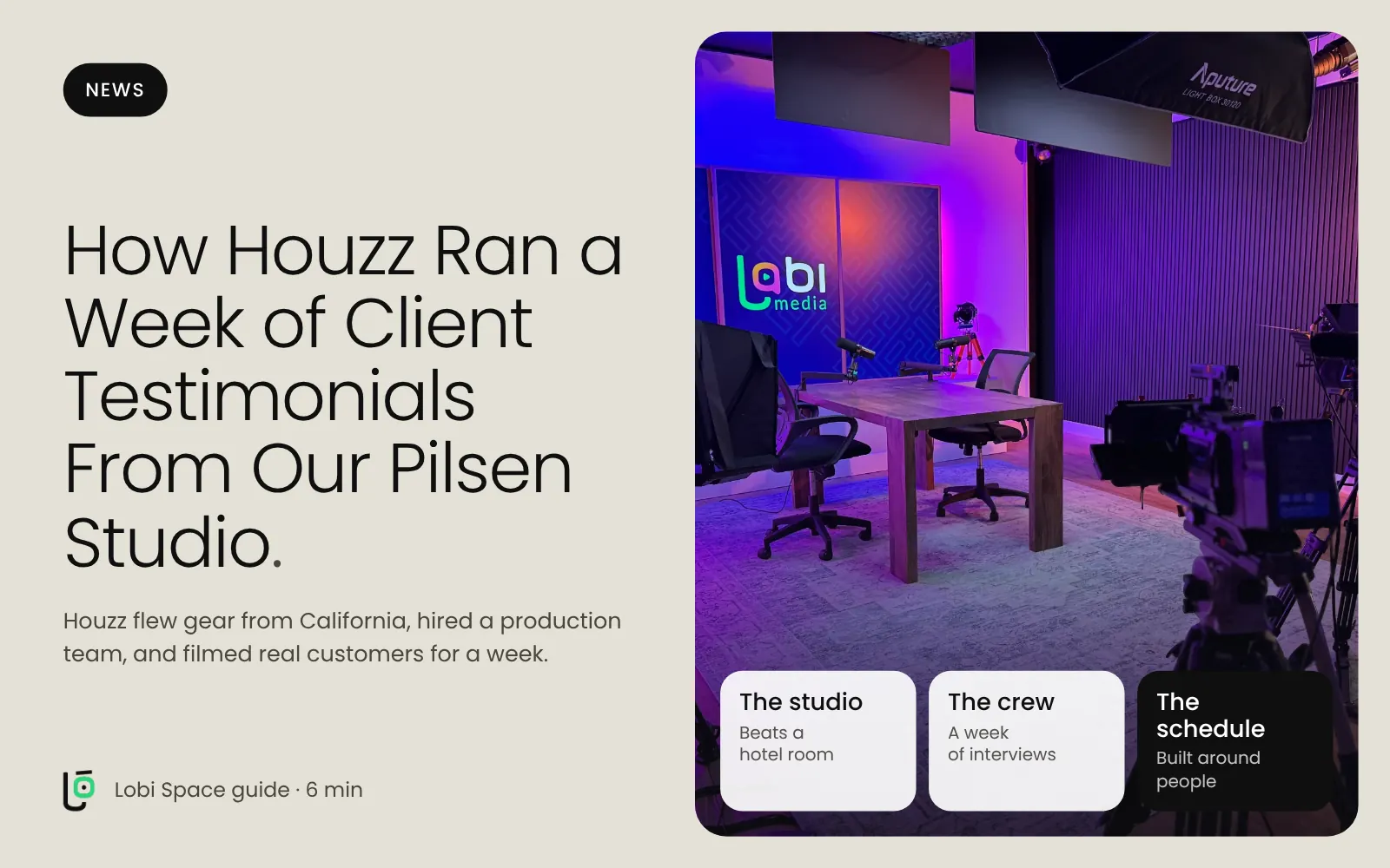 The Lobi production studio, with the key points: The studio: Beats a hotel room; The crew: A week of interviews; The schedule: Built around people.