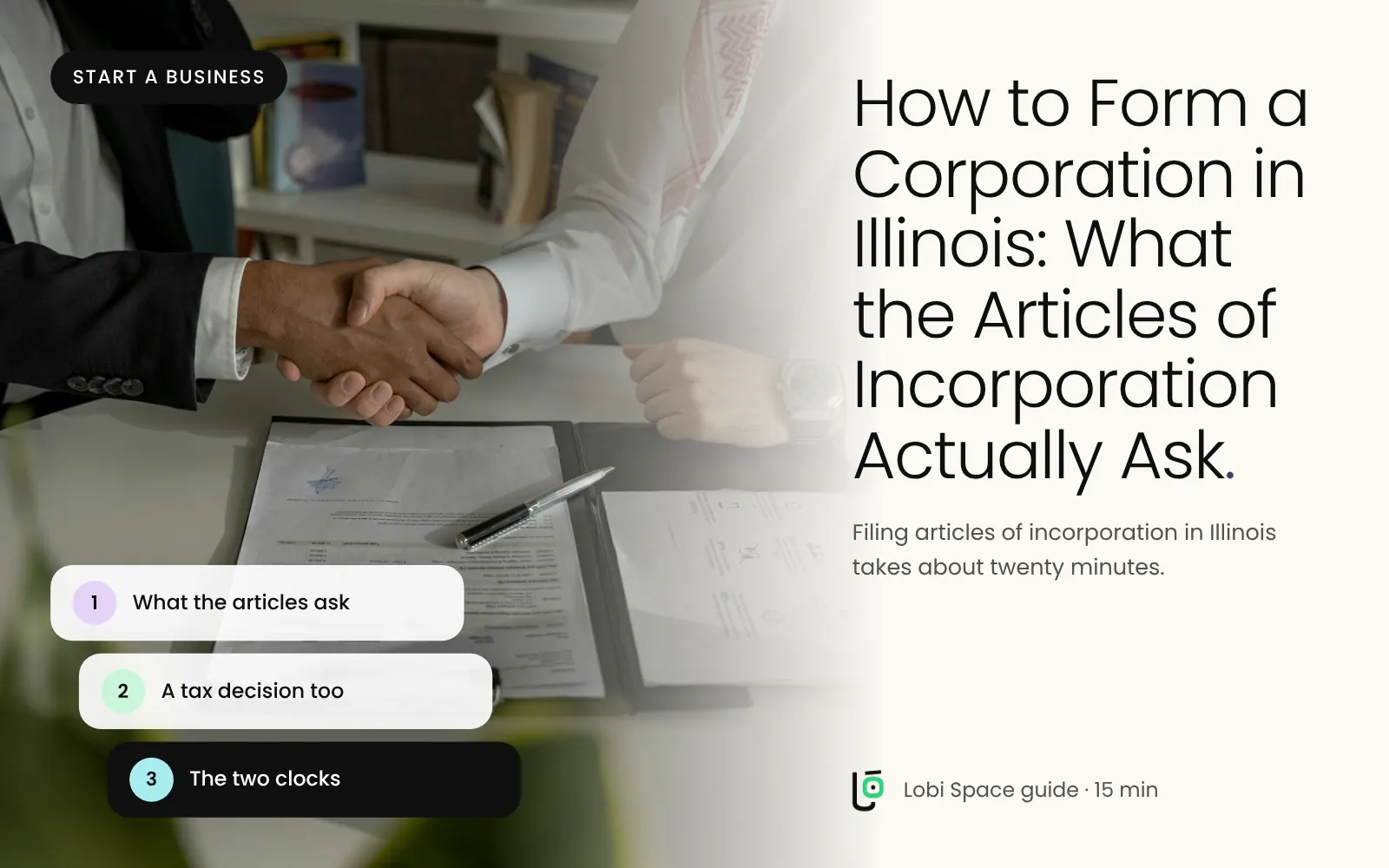 A handshake over signed papers, with the key points: What the articles ask; A tax decision too; The two clocks.