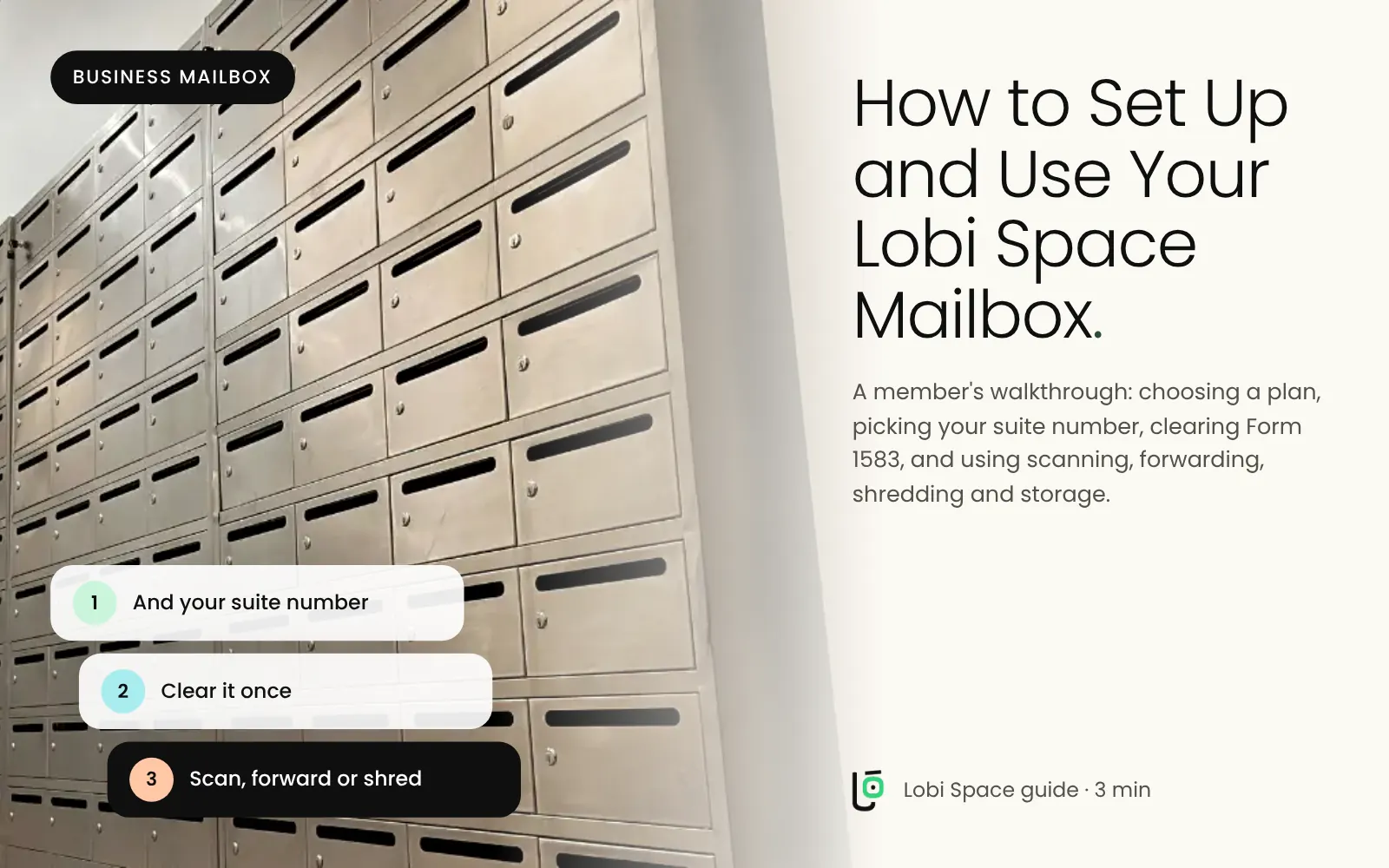 Member mailboxes at Lobi Space, with the key points: And your suite number; Clear it once; Scan, forward or shred.