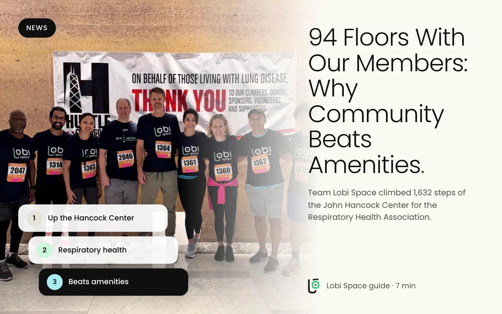 Team Lobi Space after the Hustle Chicago climb, with the key points: Up the Hancock Center; Respiratory health; Beats amenities.