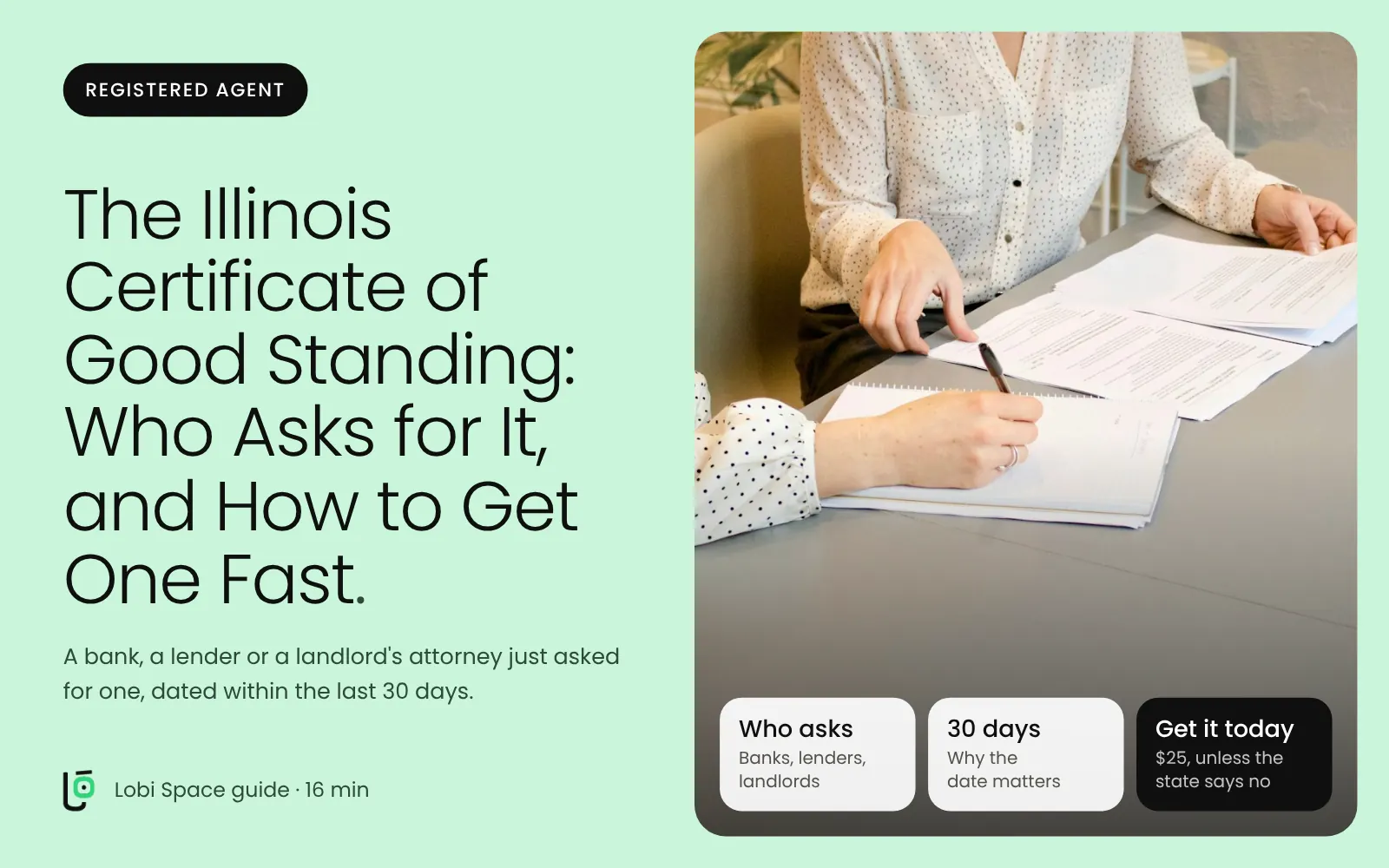 Two people signing paperwork at a desk, with the key points: Who asks: Banks, lenders, landlords; 30 days: Why the date matters; Get it today: $25, unless the state says no.