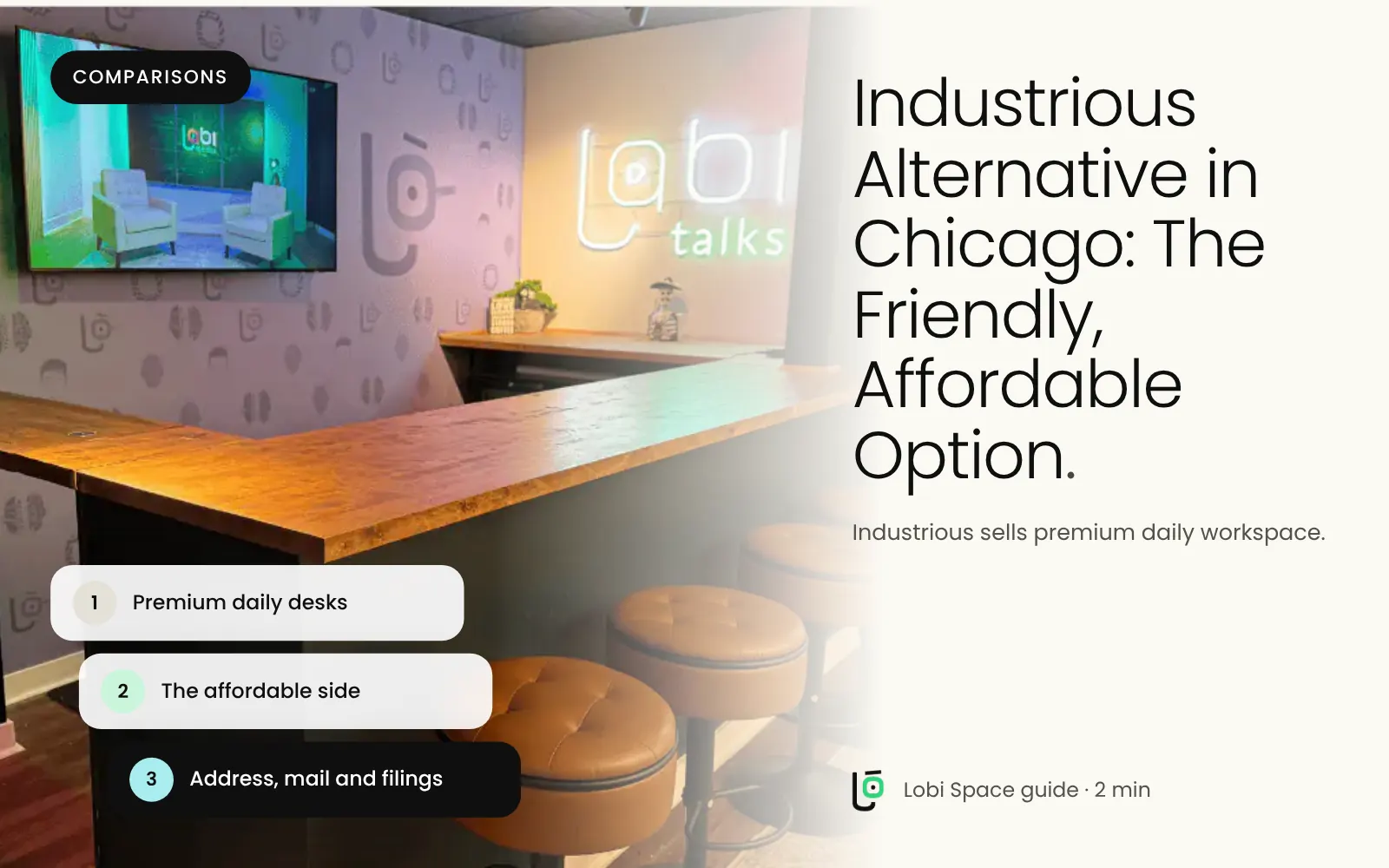 The Lobi Talks bar, with the key points: Premium daily desks; The affordable side; Address, mail and filings.