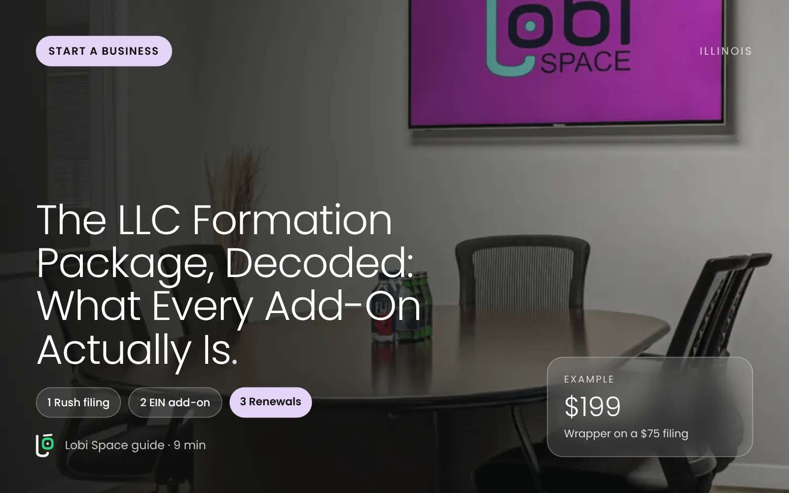 The Lobi Space conference room, with the key points: Rush filing; EIN add-on; Renewals.