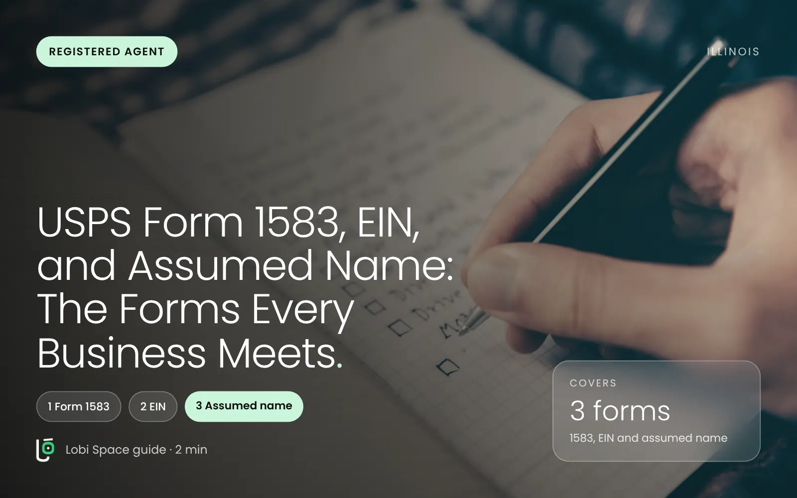 A hand writing a checklist, with the key points: Form 1583; EIN; Assumed name.