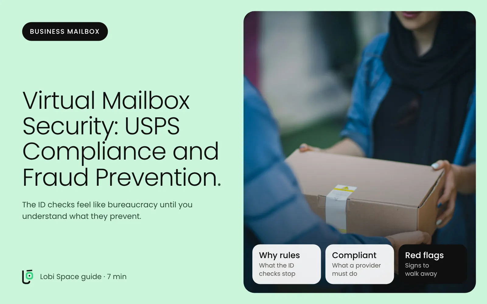 A package handed across a counter, with the key points: Why rules: What the ID checks stop; Compliant: What a provider must do; Red flags: Signs to walk away.