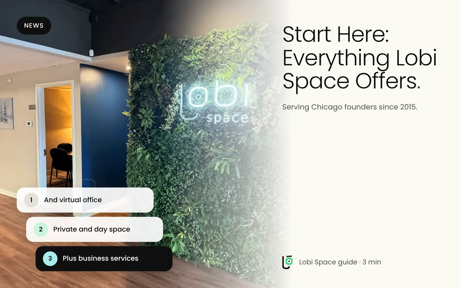 The Lobi Space lobby with its green wall, with the key points: And virtual office; Private and day space; Plus business services.