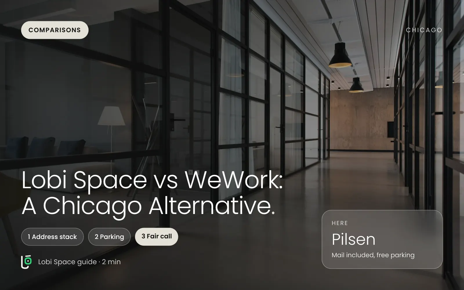 An office hallway with glass doors, with the key points: Address stack; Parking; Fair call.