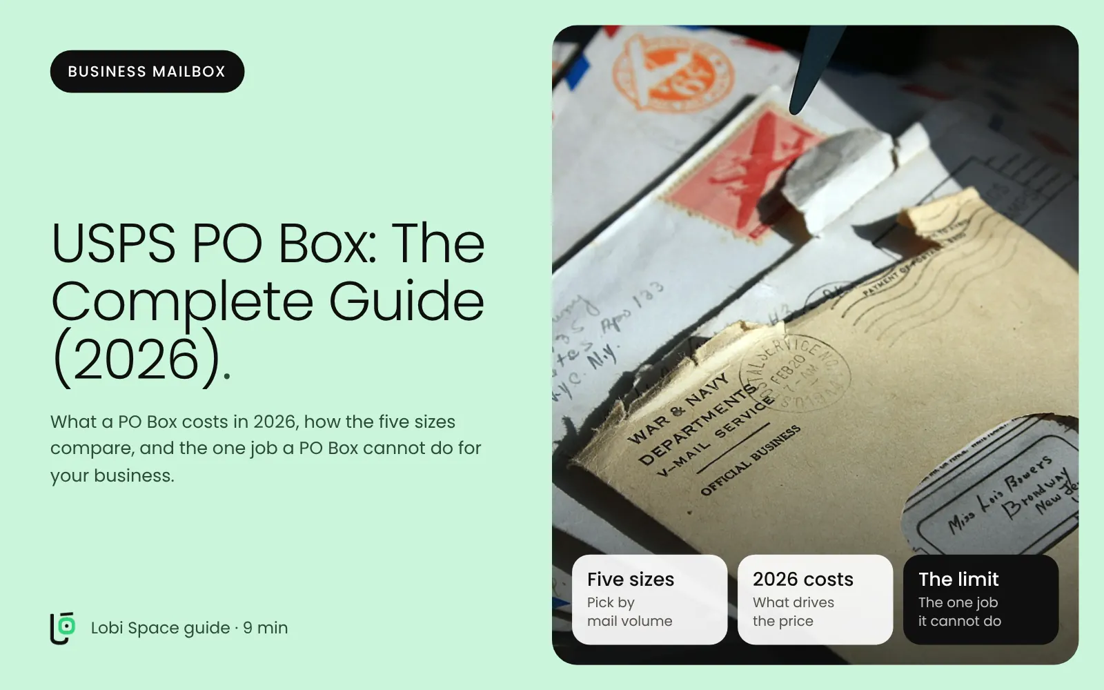 A stack of opened envelopes, with the key points: Five sizes: Pick by mail volume; 2026 costs: What drives the price; The limit: The one job it cannot do.