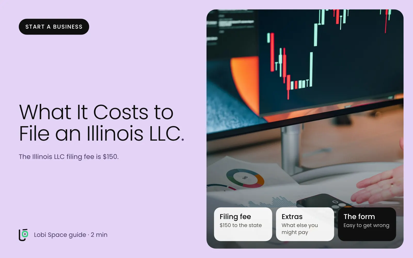 A calculator and reports on a desk, with the key points: Filing fee: $150 to the state; Extras: What else you might pay; The form: Easy to get wrong.