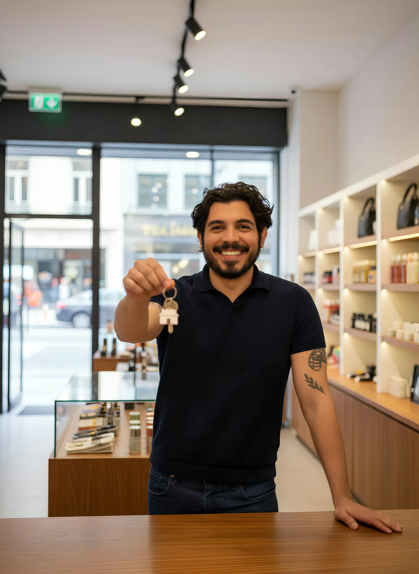 Smiling shop owner holding up the keys to his new store