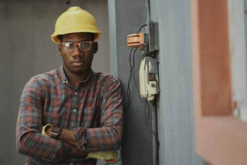Tradesman in a hard hat standing with arms crossed next to a utility box