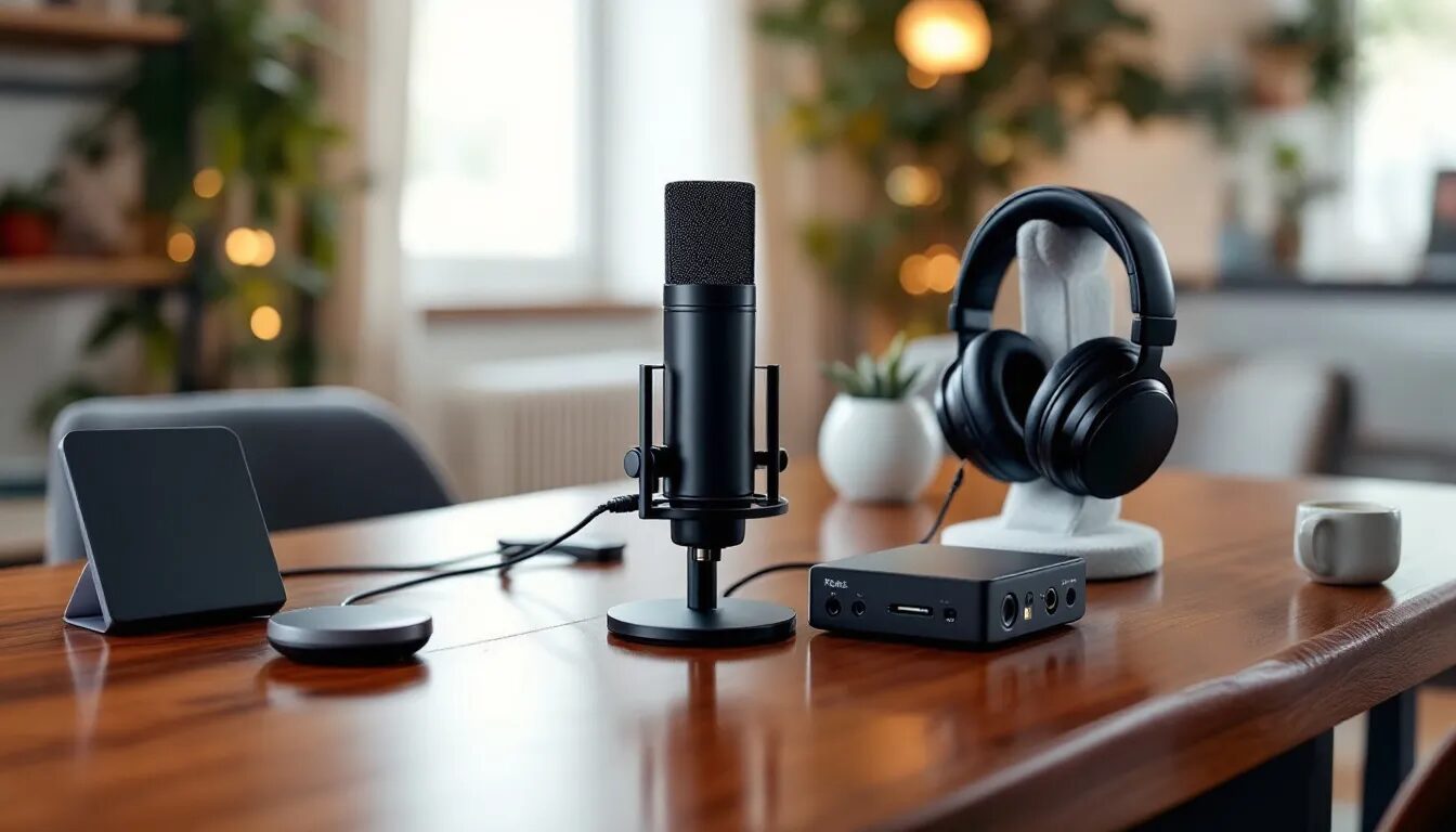 Essential podcast equipment displayed on a table.